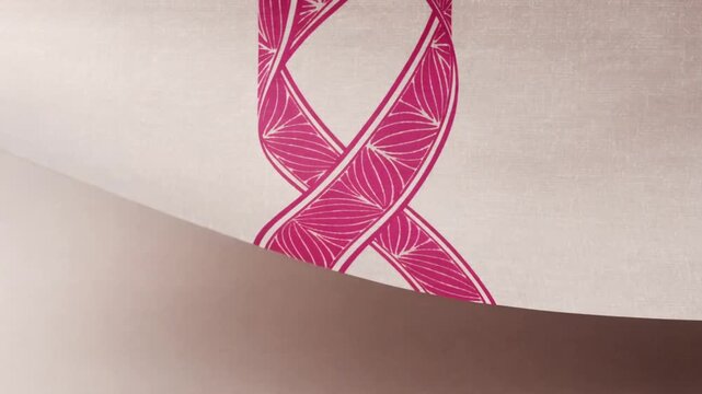 Sliding paper panels revealing and obscuring vertical pink braided ribbon motif on table