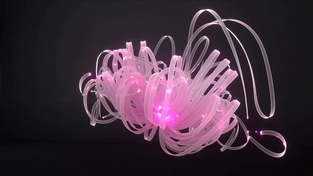 Pulsing central glow causing ribbon cluster opening and shifting right above dark floor, with nodes
