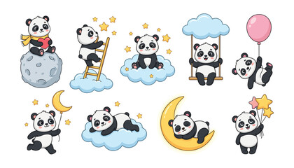 Fototapeta premium Cute Cartoon Panda Bear Vector Character Set with Moon Clouds Stars and Balloon Clip Art Elements for Nursery Decor and Kids Birthday Designs
