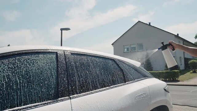 Car washer doing manual foam washing in auto detailing service. Hand washing with foam and spraying in garage. Professional car valeting. Car wash. Car in washing process. Carwash station