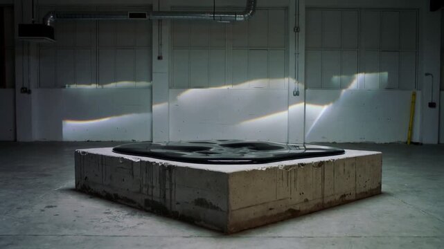Rippling glossy black pool reacting to sweeping light and settling on concrete plinth in warehouse