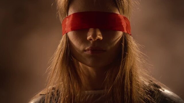 Blindfolded Caucasian young woman wearing medieval armor slowly tilting head upward. Perfect for video game teasers, historical drama advertising, and conceptual storytelling campaigns