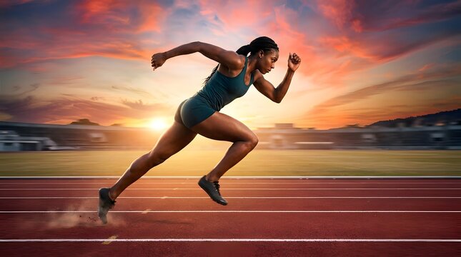 Determined black female athlete sprinting on track at sunset