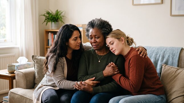 Three women comforting each other during a difficult emotional moment