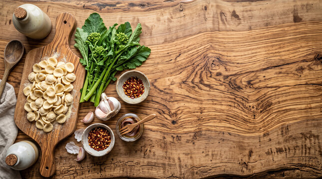 Overhead flat lay of Apulian Orecchiette pasta and broccoli rabe on olive wood