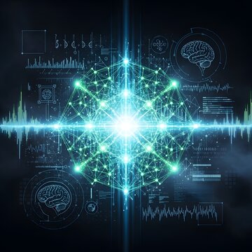 Artificial intelligence network with brain diagrams and data streams digital illustration