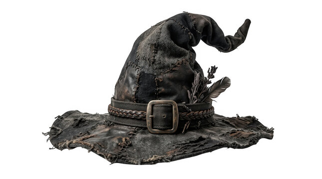 Old black witch hat with a leather buckle for halloween costume and magic theme isolated on transparent background