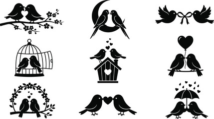 Fototapeta premium Love Birds Silhouette Vector Icon Set Featuring Romantic Couples with Hearts Birdhouse Cage Umbrella Crescent Moon and Flowers for Valentine Day Wedding Card Graphic Design