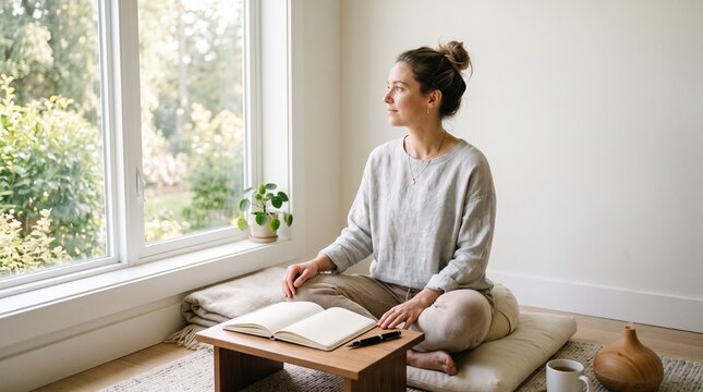 Woman journaling beside a bright window, contemplating nature and inner thoughts