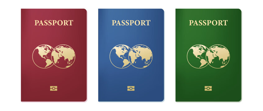 Red, blue, green International Passport with Globe Map Symbol and Continents, Global Travel Concept