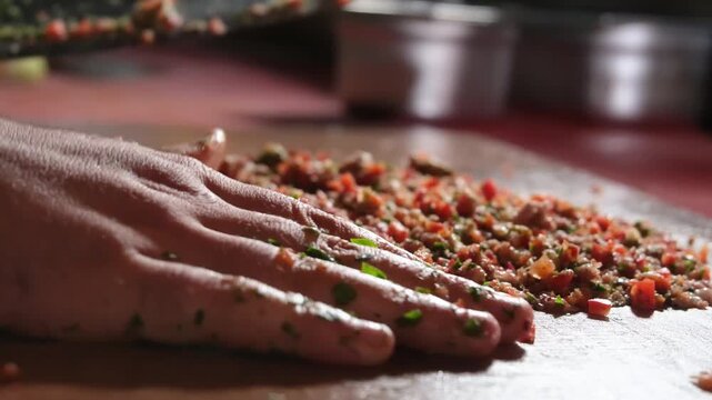 Chef's hands mincing meat and fresh vegetables with a large knife on a wooden board