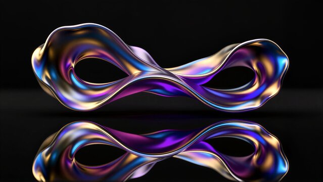 Shiny, colorful wave sculpture with reflective surface against black background.