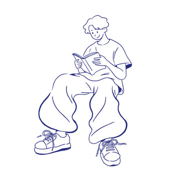 Minimlist line art of man sitting and reading a book