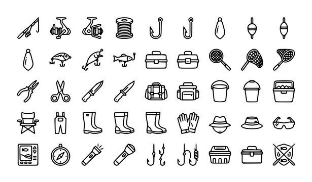 Fishing Gear Equipment Line Icons Editable Stroke Vector Set