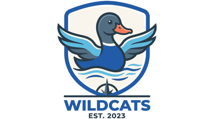 Fototapeta premium Blue duck swimming in water with shield and compass logo.