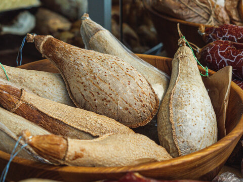 Traditional dried pork sausage in natural casing