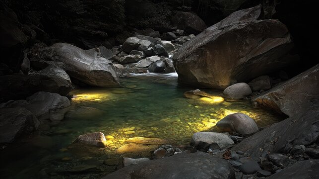Sunlight illuminating a shallow, clear river flowing over rocks in a serene mountain wilderness.