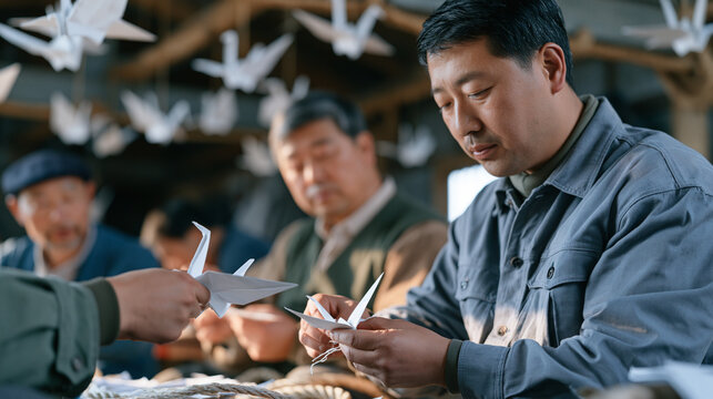 A group of ropemakers in a modest workshop fold white origami cranes from strands of rigging fiber, finished cranes hanging from ceiling beams, hope and healing concept for