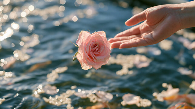 A wilted rose slips from a hand into a crowded fish market tank at an aquaculture facility, candid grief and farewell captured mid-fall among floating fish pellets, emotional loss