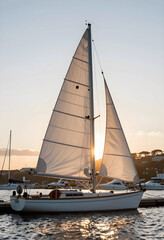 Fototapeta premium Luxury travel and leisure lifestyle, sailboat moored at a marina during a golden hour sunset with calm water and coastal vacation atmosphere
