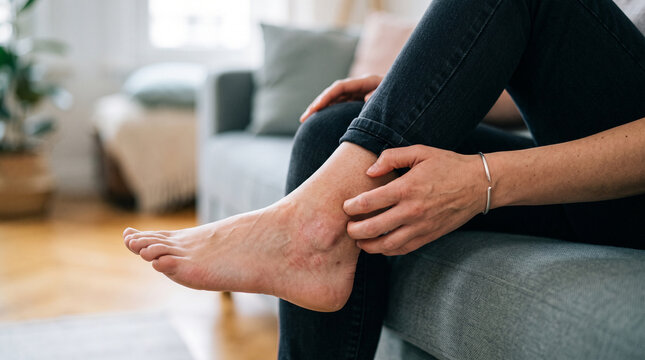 Woman sitting on the edge of a sofa scratching irritated skin around her ankle with her fingers, close-up of bare feet showing itching and discomfort at home, itchy skin, ankle irritation, pruritus, d
