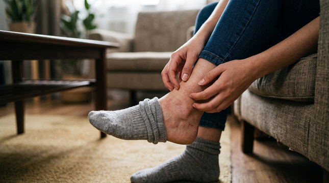 Woman sitting on the edge of a sofa scratching irritated skin around her ankle with her fingers, close-up of bare feet showing itching and discomfort at home, itchy skin, ankle irritation, pruritus, d