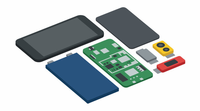 Top-down isometric view of a modular smartphone disassembled into clean separate components including screen, battery, camera module, and motherboard, organized on a white surface, bright studio