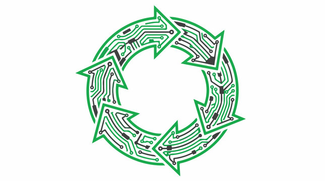 Iconic circular arrow symbol made of digital circuit lines and electronic traces, representing the circular economy of technology, vivid green and charcoal colors, trace optimized, minimalist