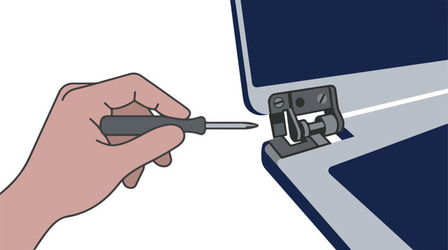 A human hand holding a small precision screwdriver pointing towards a modular laptop hinge, minimalist white background, high contrast limited palette of navy blue and soft gray, trace