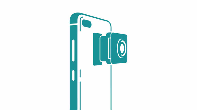 Close-up of a modular camera lens module being slotted into a smartphone chassis, side view, minimalist aesthetic with teal and white color scheme, trace optimized, minimalist flat vector