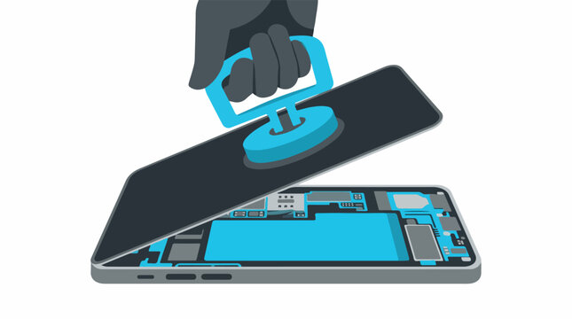A suction cup tool lifting a glass screen panel from a smartphone body, revealing modular internals. DIY repair mood. Minimalist color palette of white, cyan blue, grey, and charcoal. trace