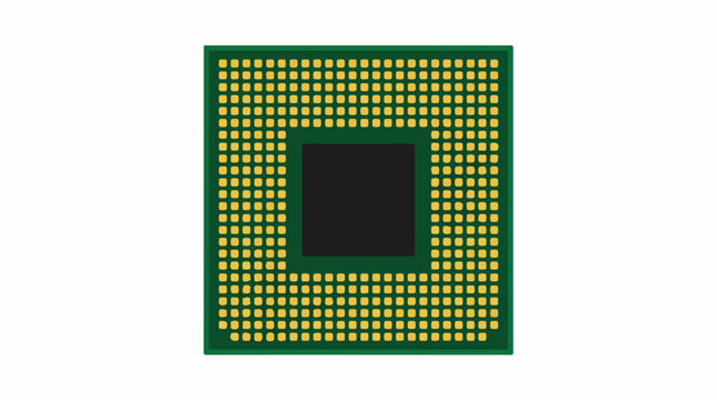 A single modular CPU processor chip with visible contact pins isolated on a white background. High-tech and clean mood. Minimalist color palette of white, gold, dark green, and black. trace