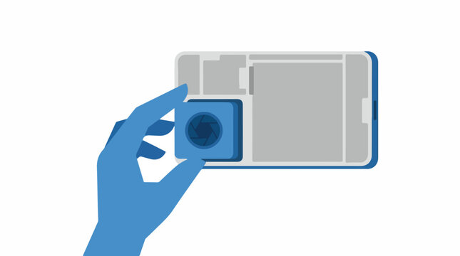 A human hand sliding a camera module into a modular smartphone frame, simplified geometric shapes, minimalist blue and grey color scheme, white background, trace optimized, minimalist flat