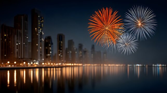 Spectacular New Year 2027 fireworks exploding over a modern city skyline at midnight, glowing lights, dramatic night sky, premium celebration photography