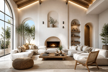 Obraz premium A bright, modern living room with a fireplace and comfortable seating is shown in an interior setting.