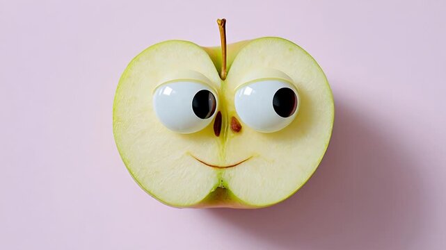 Playful apple slice with googly eyes on pastel pink background