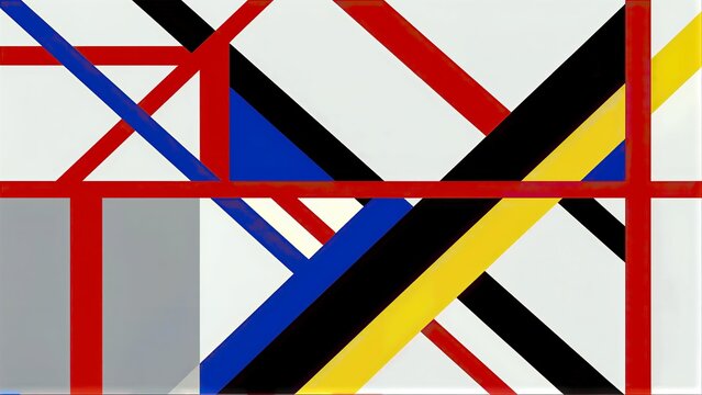 Abstract geometric art with bold red, blue, black and yellow intersecting lines on white background.