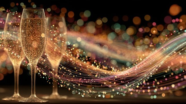 Sophisticated corporate New Year celebration illustrated with modern geometric lines, champagne glasses, rainbow light trails, transparent fireworks and glitter particles, clean premium business