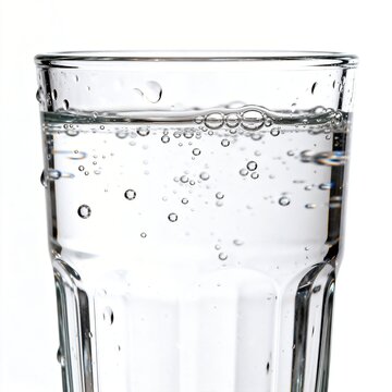 Clear Glass Filled With Sparkling Carbonated Water Against White Background