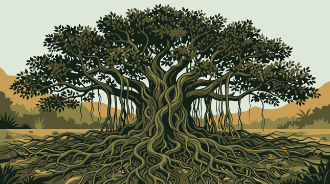 Majestic banyan tree vector illustration featuring dense canopy, intricate aerial roots, and complex trunk system against a natural landscape background for environmental design concepts.