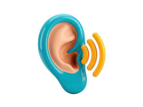 3d render of human ear icon with sound wave symbol isolated on white background