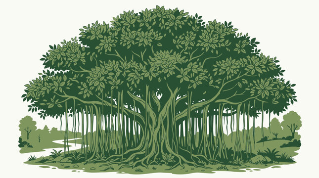 Majestic banyan tree vector illustration featuring dense green foliage and aerial roots in a stylized natural landscape.
