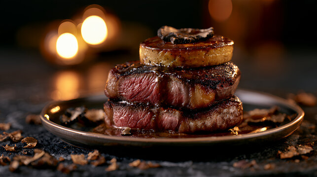 Dishes of tournedos Rossini are plated with beef, truffle slices, and a layer of sweet topping, shown in a restaurant with soft lighting and elegant decor.