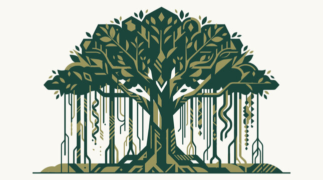 Stylized geometric vector illustration of a banyan tree with hanging aerial roots and lush green foliage, ideal for environmental branding, nature icons, and ecological graphic design.