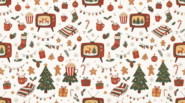 A seamless cozy Christmas movie-night pattern featuring retro television sets, popcorn, striped blankets, hot cocoa mugs, gingerbread cookies, candles, stockings, Christmas trees, ornaments, snowflake