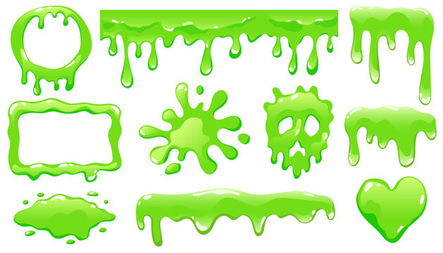 Slime stain liquid with green halloween paint and drop splat drip. Toxic blot slimy with cartoon mucus poison and background goo splatter. Realistic vector slime with blob spot green
