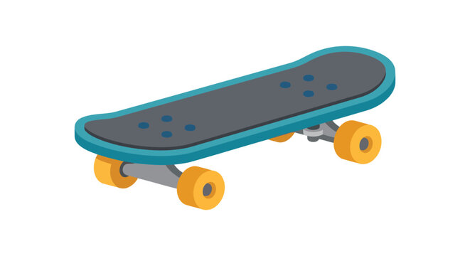 Isometric skateboard with blue deck and yellow wheels on a white background