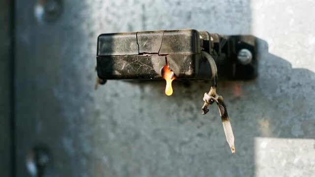 Industrial fuse block ejecting a shower of molten metal from its cracked black housing in close-up view
