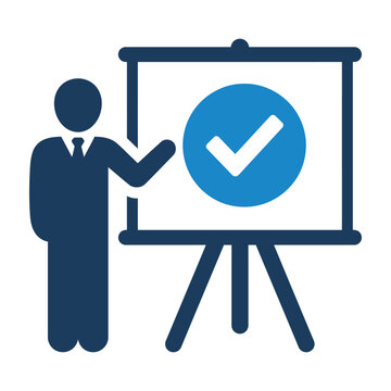 Businessman presenting a check mark on a flip chart during meeting with presentation icon