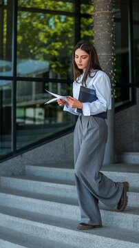 Young professional woman walking down stairs with documents and a folder